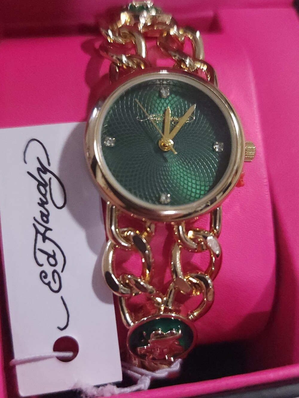 Ed Hardy Gold Chain Bracelet Watch with Green Face In Rhinestone Accented Box